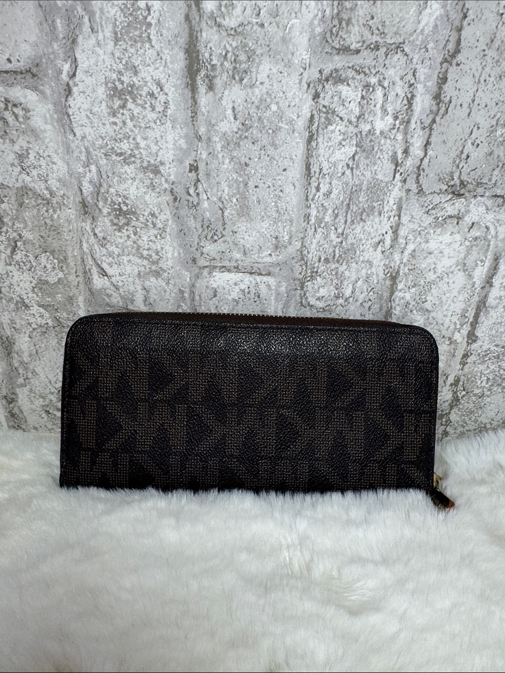 Michael Kors Dark Brown Monogram Zip Wallet with Gold Plaque - Picture 2 of 4